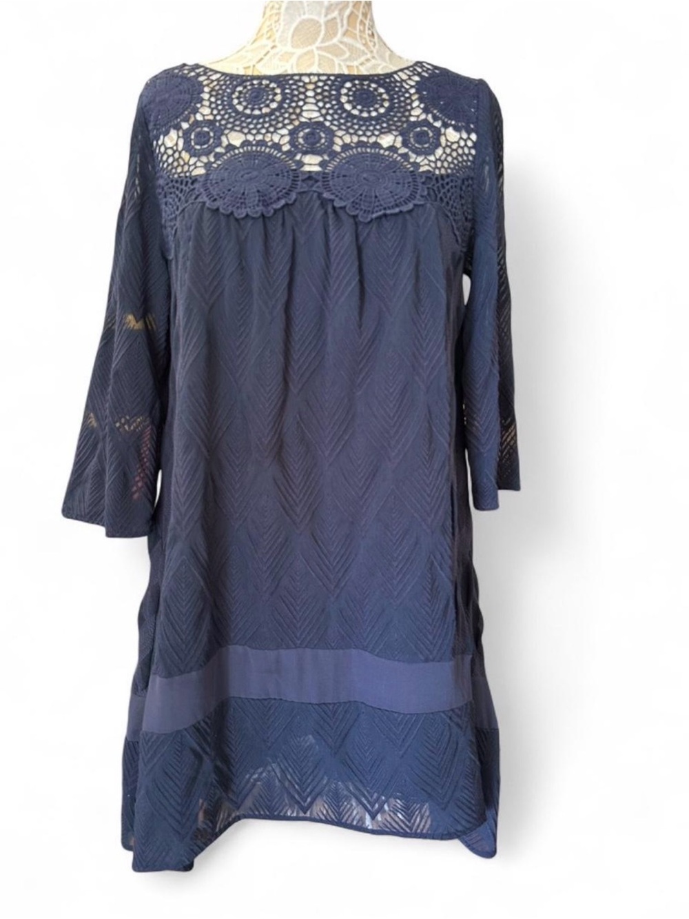 HOLDING HORSES Navy Crochet Yoke A-Line Midi Dress